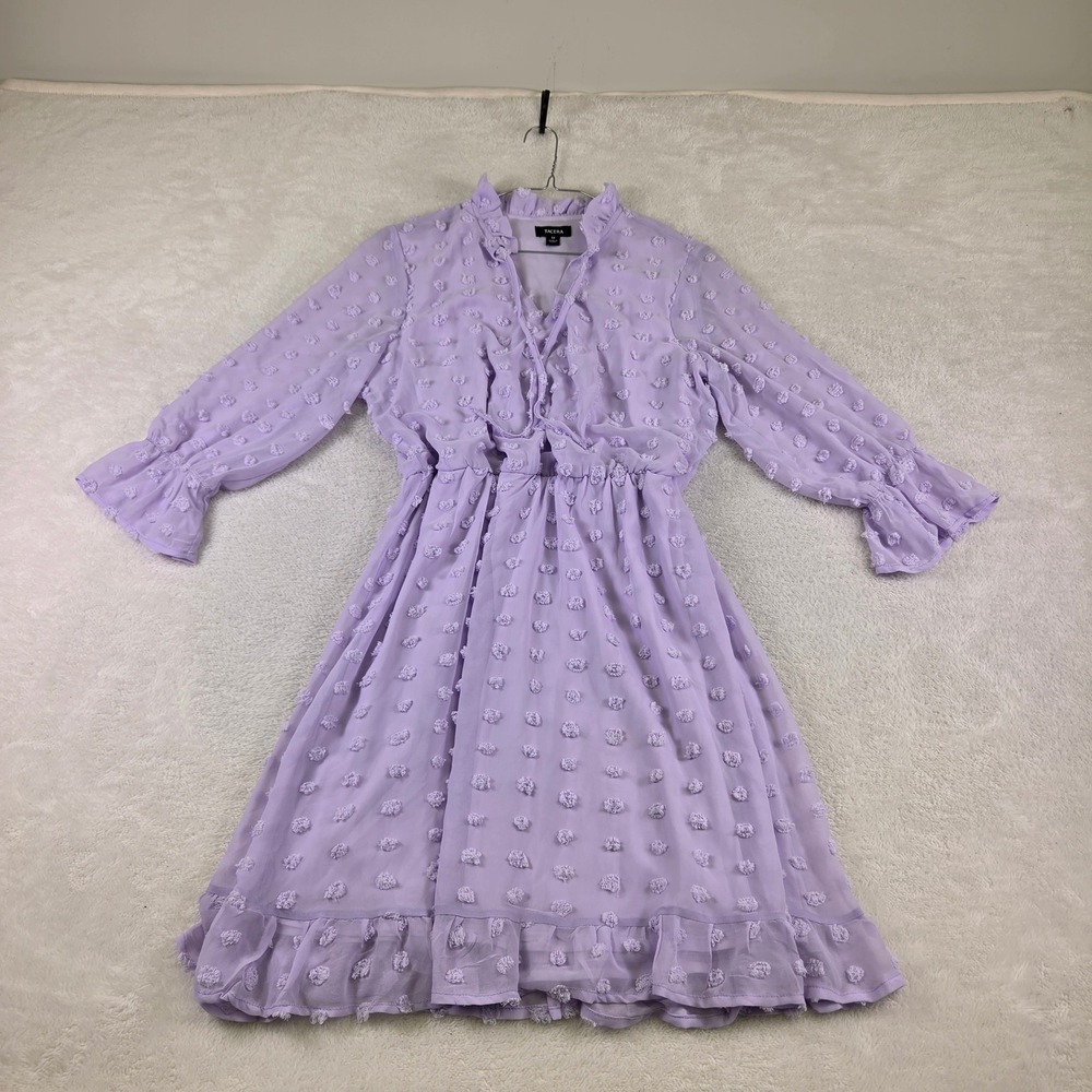 Tacera Lavender Swiss Dot Ruffle Tie Front Chiffon Dress Purple Medium